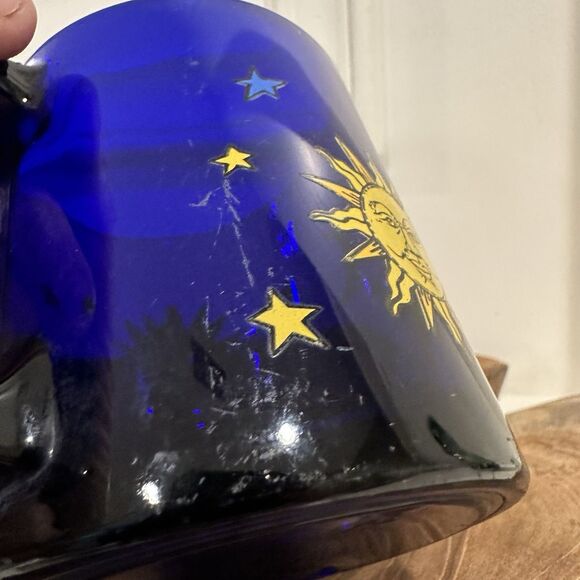 SOLD  Libbey Cobalt Blue Glass 12oz Coffee Mug Celestial Sun Moon Stars Friends - Picture 4 of 8